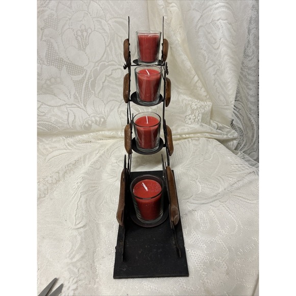 Vintage Christmas Santa Sleigh Reindeer Silhouette Metal Wood 4 Candle Holder - Picture 7 of 12